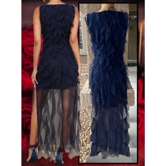 Lulus Blue Mesh Ruffled Swiss Dot Maxi Dress Size: L - Picture 4 of 12